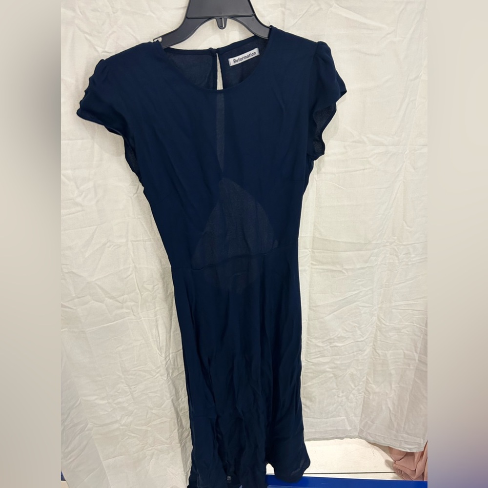Reformation Navy Blue Flowing Short-Sleeve Dress - Picture 9 of 10